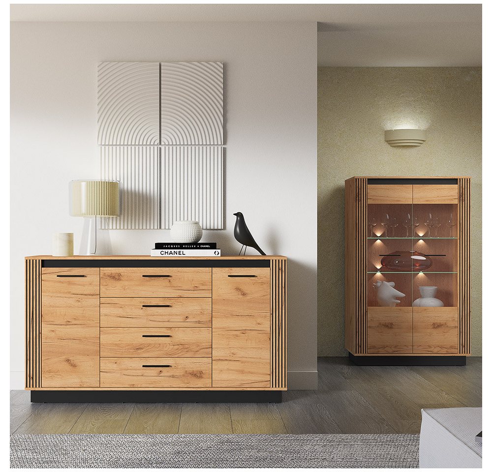 Lomadox Wohnzimmer-Set URBANIA-131, (Mega-Spar-Set, 2-St., Kommode Vitrinenschrank), Wohnzimmer Set Sideboard Vitrine mit Beleuchtung in Eiche mit schwarz von Lomadox