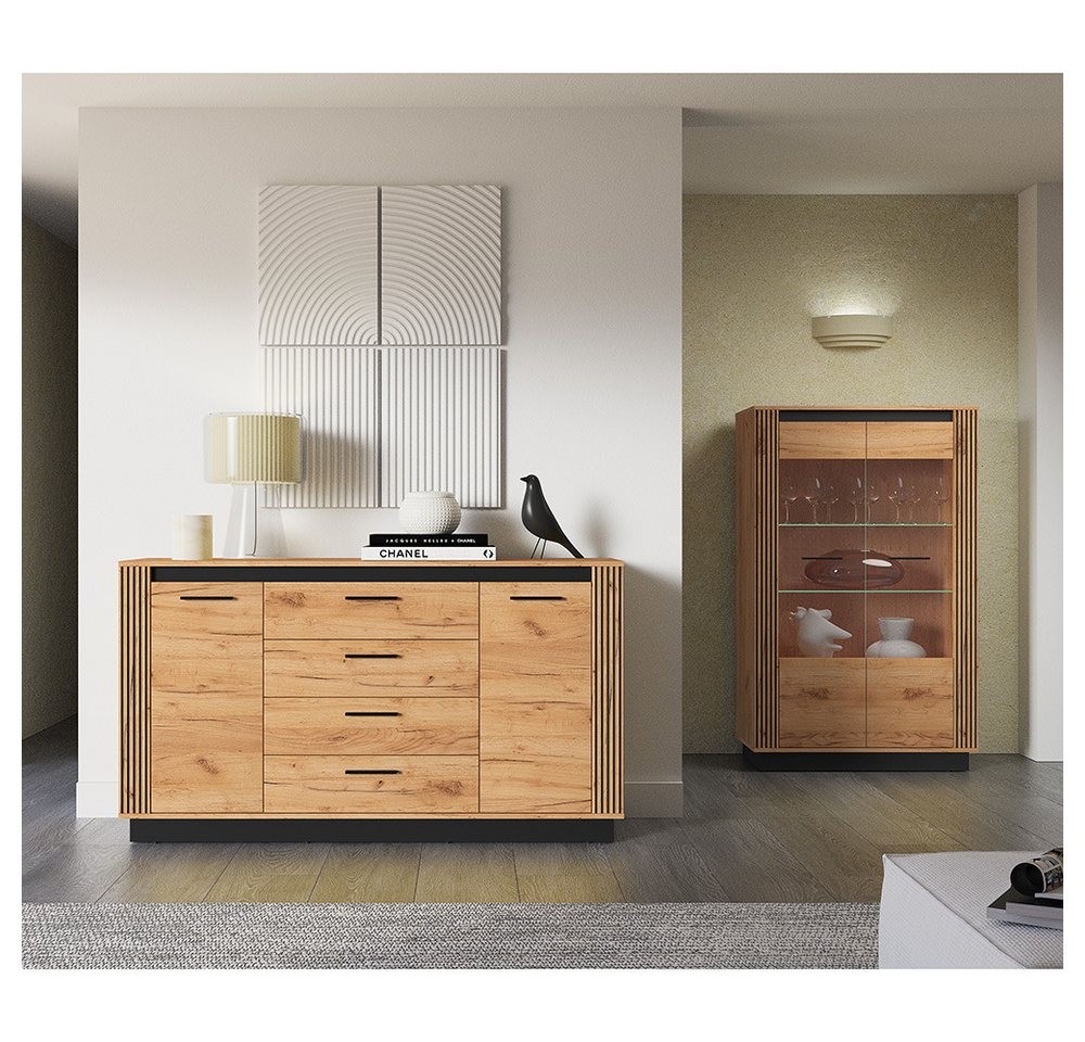 Lomadox Wohnzimmer-Set URBANIA-131, (Mega-Spar-Set, 2-St., Kommode Vitrinenschrank), Wohnzimmer Set Vitrine Sideboard Schrank in Eiche mit schwarz von Lomadox