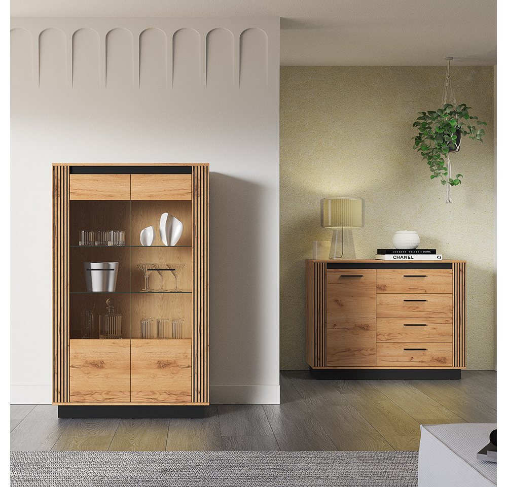 Lomadox Wohnzimmer-Set URBANIA-131, (Mega-Spar-Set, 2-St., Kommode Vitrinenschrank), Wohnzimmer Set Vitrine Sideboard Schrank in Eiche mit schwarz von Lomadox
