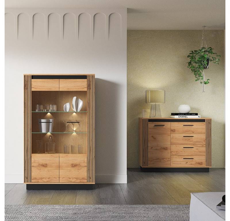 Lomadox Wohnzimmer-Set URBANIA-131, (Mega-Spar-Set, 2-St., Kommode Vitrinenschrank), Wohnzimmer Set Vitrine mit Beleuchtung Sideboard in Eiche mit schwarz von Lomadox