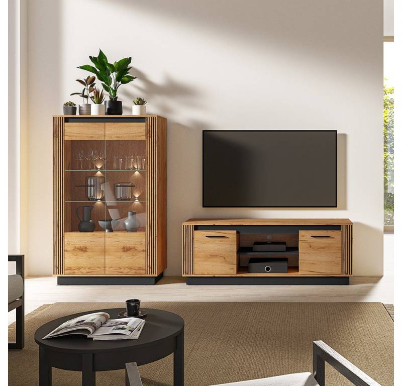 Lomadox Wohnzimmer-Set URBANIA-131, (Mega-Spar-Set, 2-St., Lowboard Vitrinenschrank), Wohnzimmer Set Vitrine inkl. Beleuchtung TV Board Eiche mit schwarz von Lomadox