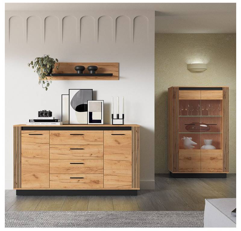 Lomadox Wohnzimmer-Set URBANIA-131, (Mega-Spar-Set, 3-St., Kommode Vitrinenschrank Wandregal), Wohnzimmer Set Vitrine Sideboard Wandboard in Eiche mit schwarz von Lomadox