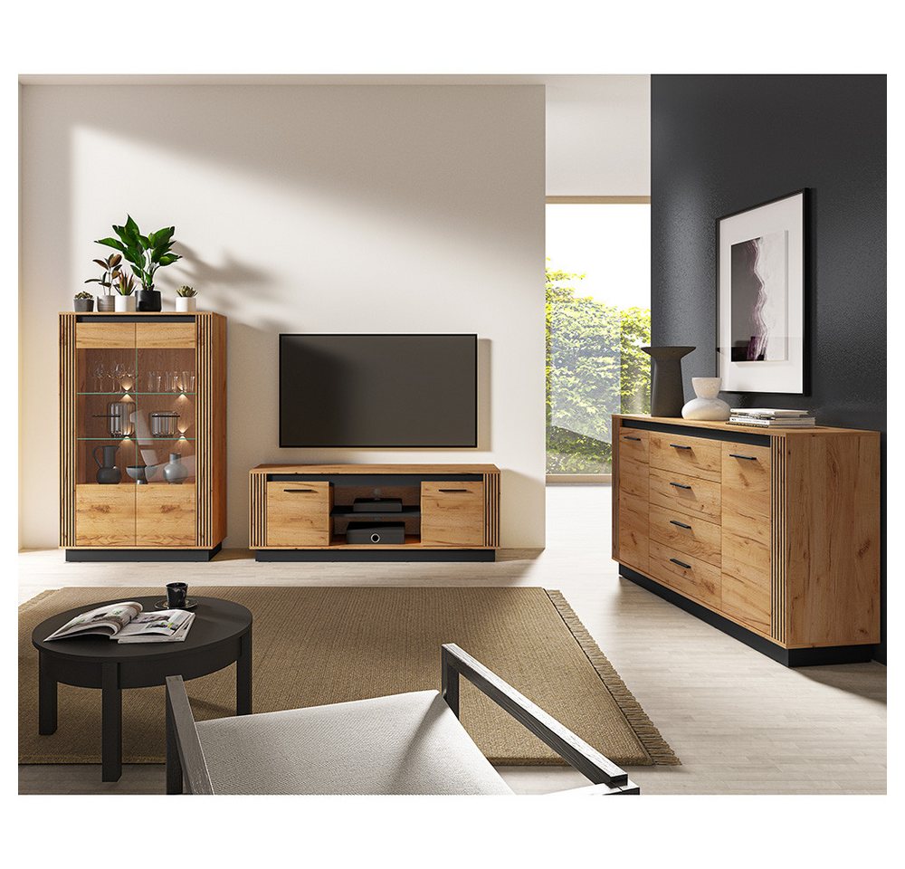 Lomadox Wohnzimmer-Set URBANIA-131, (Mega-Spar-Set, 3-St., Lowboard Vitrinenschrank Kommode), Wohnzimmer Set Vitrine inkl. Beleuchtung Sideboard Eiche mit schwarz von Lomadox