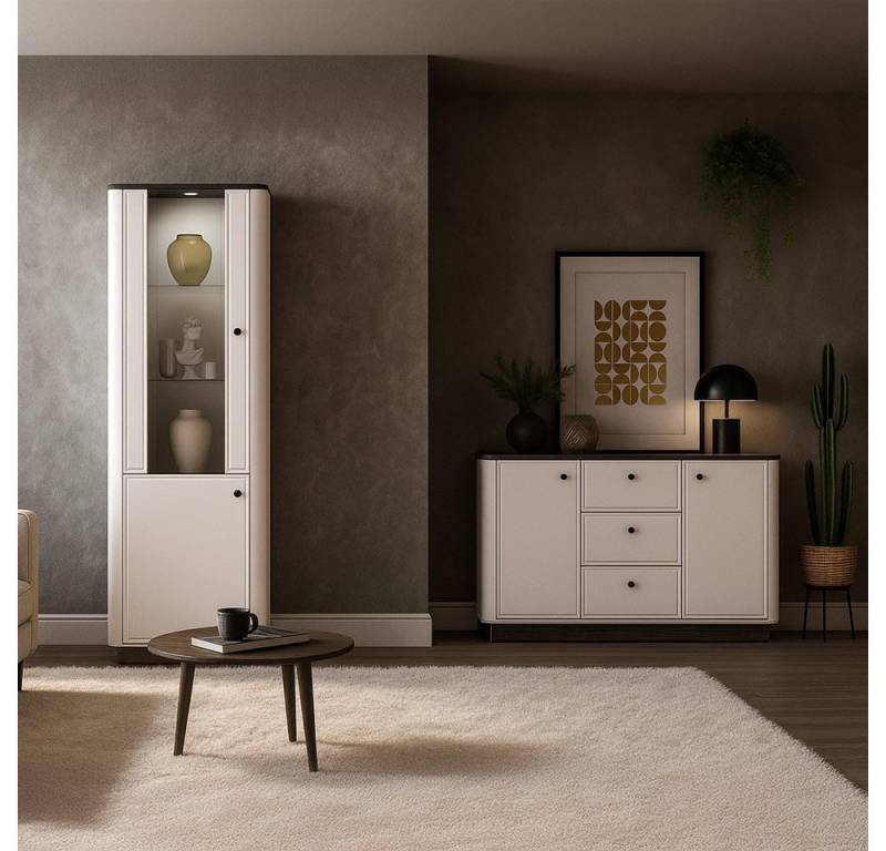 Lomadox Wohnzimmer-Set VEJANO-131, (Mega-Spar-Set, 2-St., Vitrine Sideboard), Beige mit Eiche modern abgerundet Softclose LED Beleuchtung von Lomadox