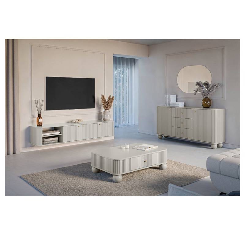 Lomadox Wohnzimmer-Set VIRGINIA-141, (Mega-Spar-Set, 3-St., Kommode Couchtisch Lowboard), kaschmir, goldfarbene Griffe, Kugelfüße, gerillte Frontstruktur von Lomadox