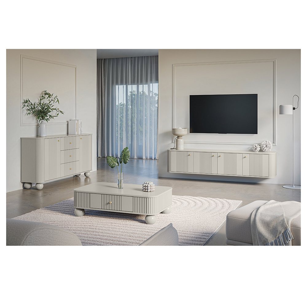 Lomadox Wohnzimmer-Set VIRGINIA-141, (Mega-Spar-Set, 3-St., Kommode Couchtisch Lowboard), kaschmir, goldfarbene Griffe, Kugelfüße, gerillte Frontstruktur von Lomadox