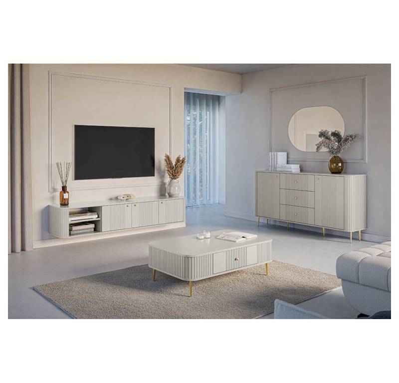 Lomadox Wohnzimmer-Set VIRGINIA-141, (Mega-Spar-Set, 3-St., Kommode Couchtisch Lowboard), kaschmir, goldfarbenen Griffen und Füße, gerillte Frontstruktur von Lomadox