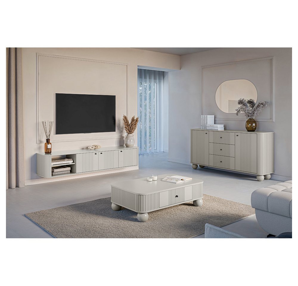 Lomadox Wohnzimmer-Set VIRGINIA-141, (Mega-Spar-Set, 3-St., Kommode Couchtisch Lowboard), kaschmir, schwarze Griffe,Kugelfüße, gerillte Frontstruktur von Lomadox