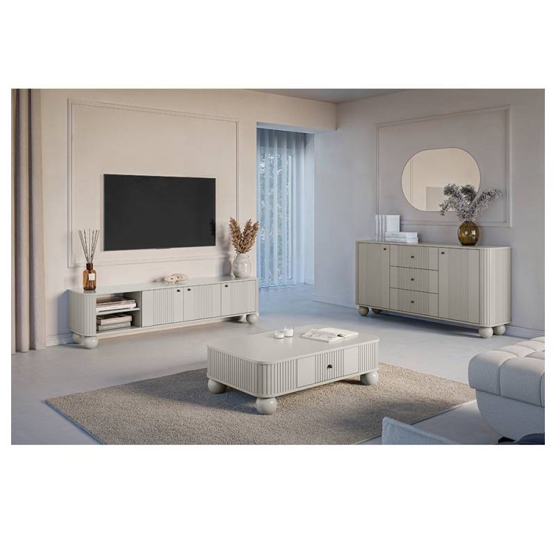 Lomadox Wohnzimmer-Set VIRGINIA-141, (Mega-Spar-Set, 3-St., Kommode Couchtisch Lowboard), kaschmir, schwarze Griffe,Kugelfüße, gerillte Frontstruktur von Lomadox