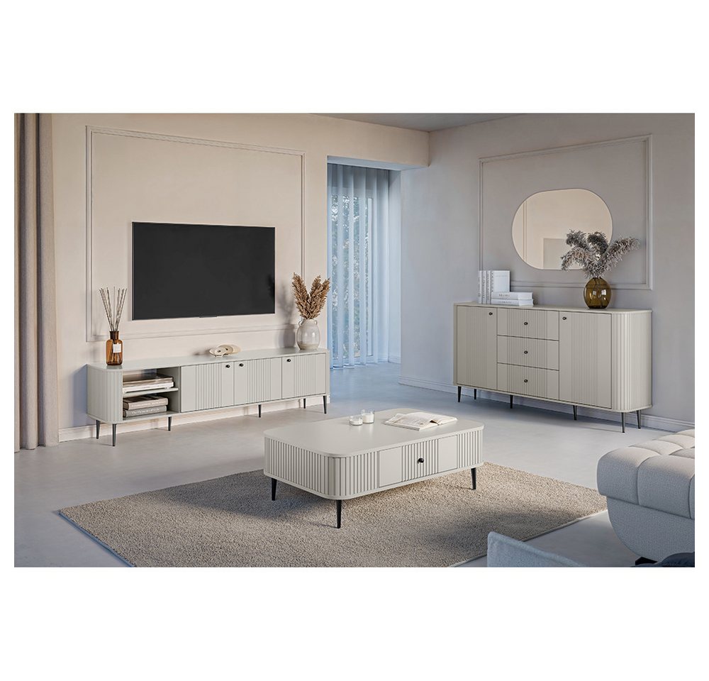 Lomadox Wohnzimmer-Set VIRGINIA-141, (Mega-Spar-Set, 3-St., Kommode Couchtisch Lowboard), kaschmir, schwarze Griffe und Füße, gerillte Frontstruktur von Lomadox