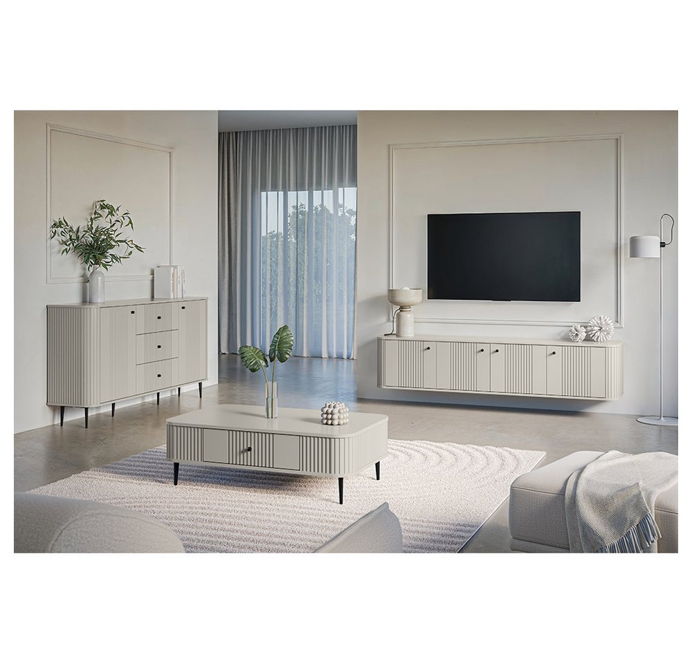 Lomadox Wohnzimmer-Set VIRGINIA-141, (Mega-Spar-Set, 3-St., Kommode Couchtisch Lowboard), kaschmir, schwarze Griffe und Füße, gerillte Frontstruktur von Lomadox