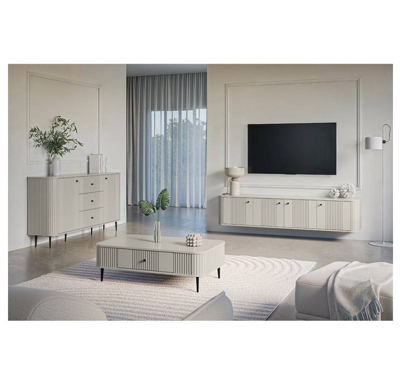 Lomadox Wohnzimmer-Set VIRGINIA-141, (Mega-Spar-Set, 3-St., Kommode Couchtisch Lowboard), kaschmir, schwarze Griffe und Füße, gerillte Frontstruktur von Lomadox