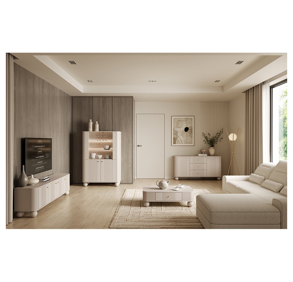 Lomadox Wohnzimmer-Set VIRGINIA-141, (Mega-Spar-Set, 4-St., Kommode Couchtisch Highboard Lowboard), kaschmir, goldfarbenen Griffen, Kugelfüßen, gerillte Frontstruktur von Lomadox