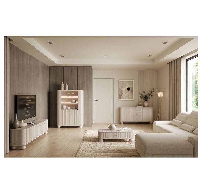 Lomadox Wohnzimmer-Set VIRGINIA-141, (Mega-Spar-Set, 4-St., Kommode Couchtisch Highboard Lowboard), kaschmir, goldfarbenen Griffen, Kugelfüßen, gerillte Frontstruktur von Lomadox