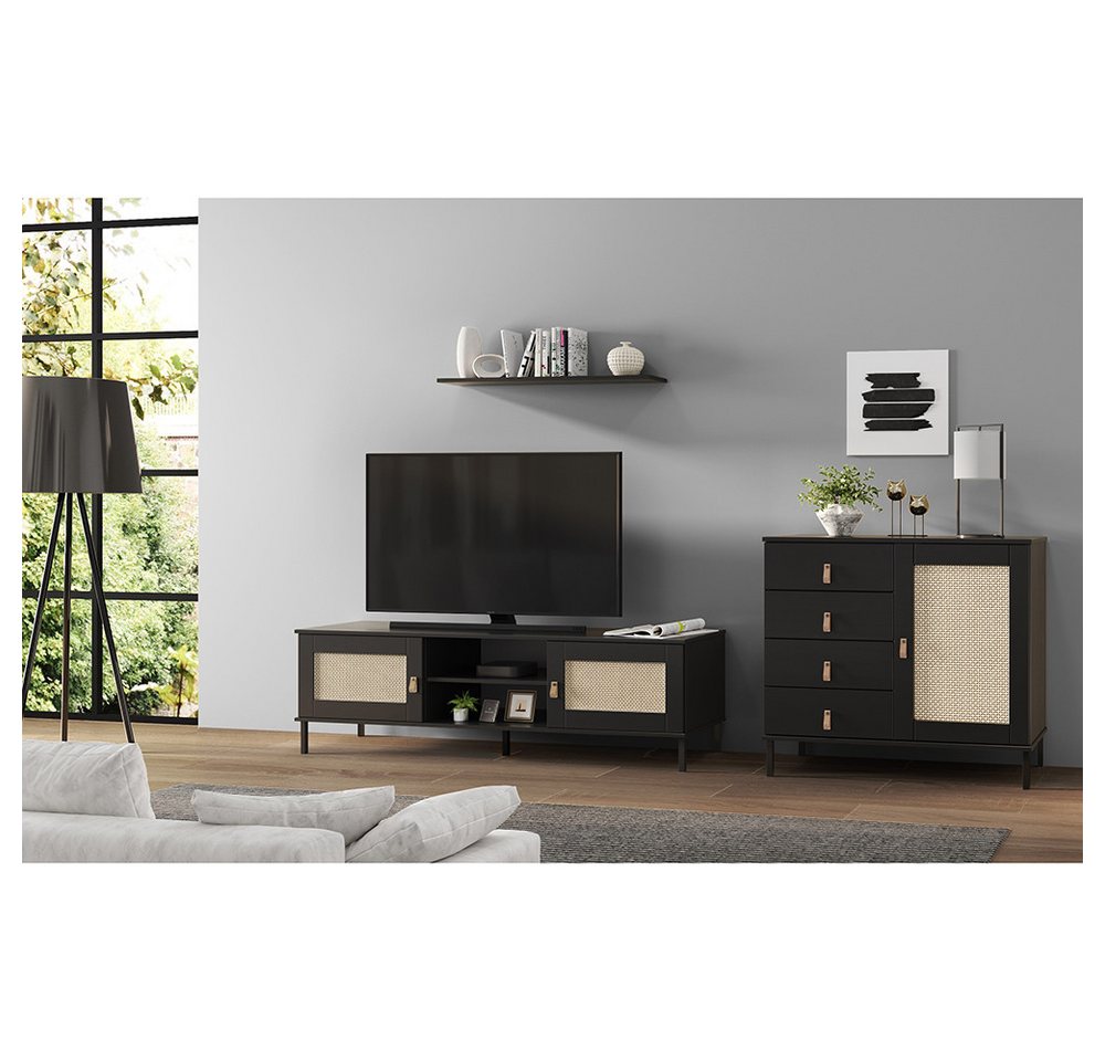 Lomadox Wohnzimmer-Set WATFORD-69, (Mega-Spar-Set, 2-St., Board Sideboard), in Kiefer massiv schwarz, 2-teilig, Rattaneinsatz, Boho-Stil von Lomadox