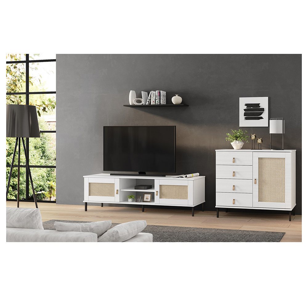 Lomadox Wohnzimmer-Set WATFORD-69, (Mega-Spar-Set, 2-St., Sideboard), mit TV-Board Sideboard, Kiefer massiv weiß, Rattaneinsatz, Boho-Stil von Lomadox