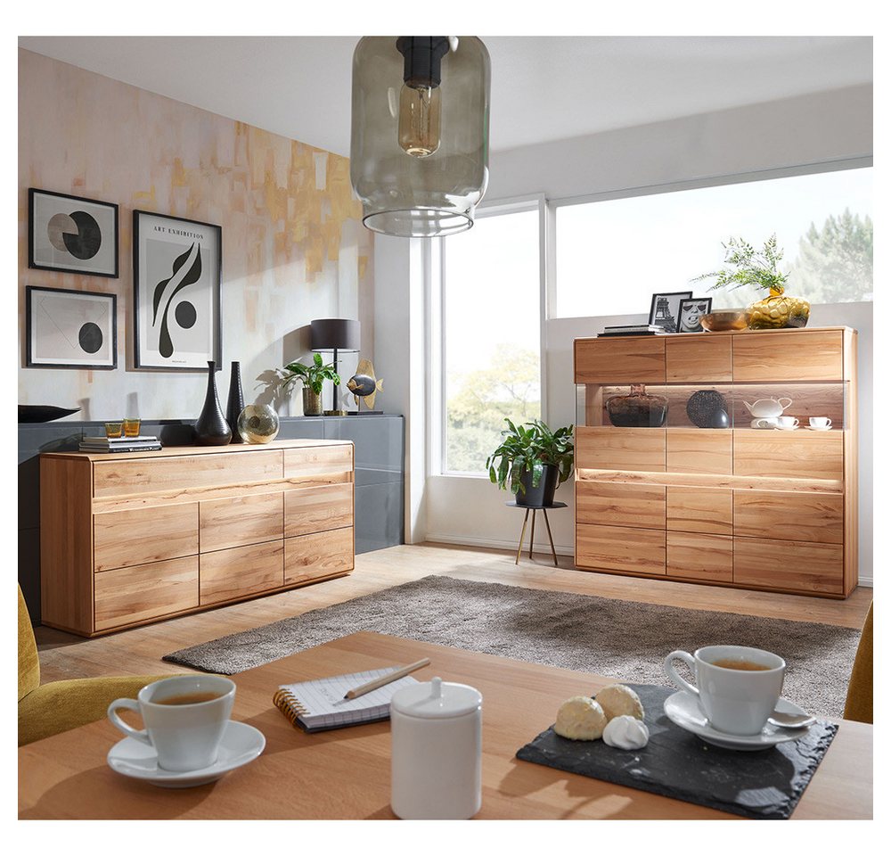 Lomadox Wohnzimmer-Set WELLAND-69, (Mega-Spar-Set, 2-St., Highboard Sideboard), in Kernbuche massiv geölt inkl. Beleuchtung, montiert von Lomadox