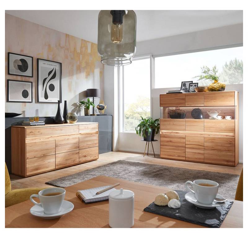 Lomadox Wohnzimmer-Set WELLAND-69, (Mega-Spar-Set, 2-St., Highboard Sideboard), in Kernbuche massiv geölt inkl. Beleuchtung, montiert von Lomadox