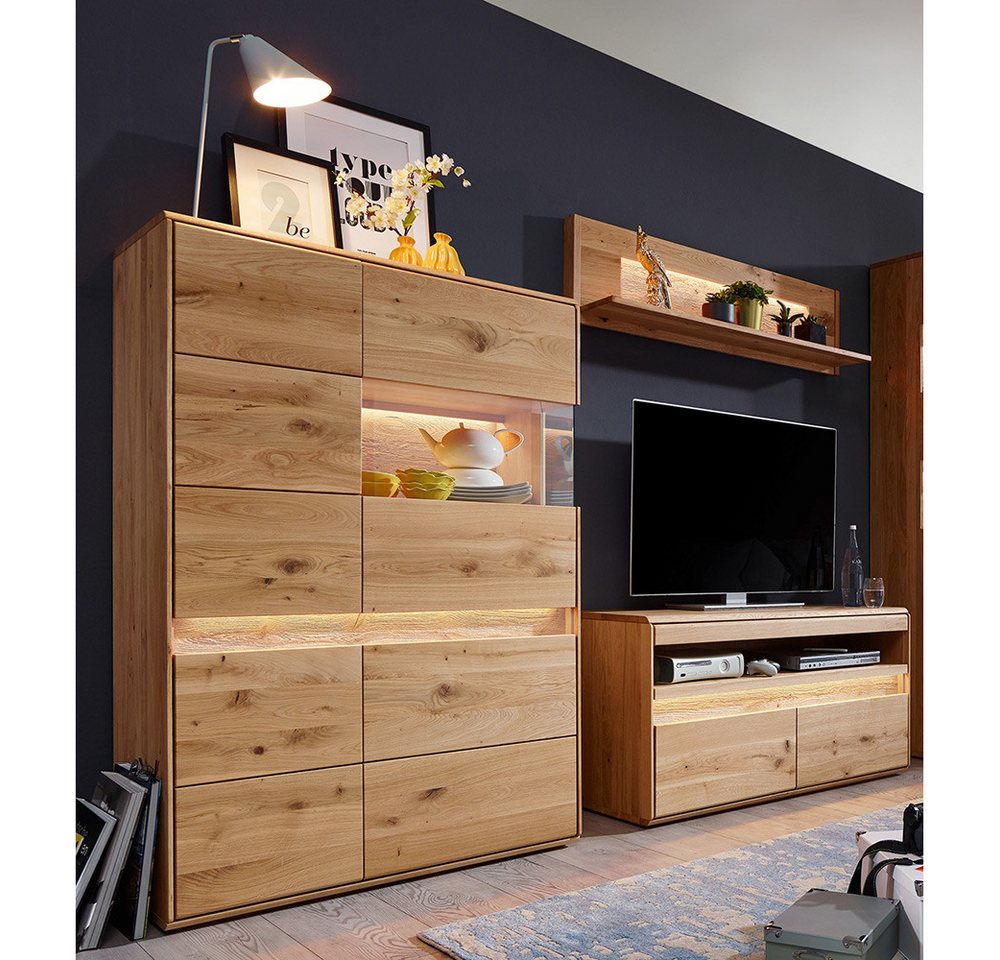 Lomadox Wohnzimmer-Set WELLAND-69, (Mega-Spar-Set, 3-St., Highboard Lowboard), in Eiche massiv geölt inkl. Beleuchtung, montiert von Lomadox