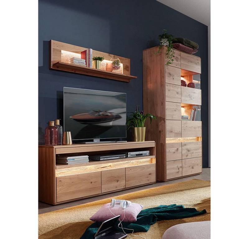 Lomadox Wohnzimmer-Set WELLAND-69, (Mega-Spar-Set, 3-St., Lowboard Vitrine), in Eiche massiv geölt inkl. Beleuchtung, montiert von Lomadox