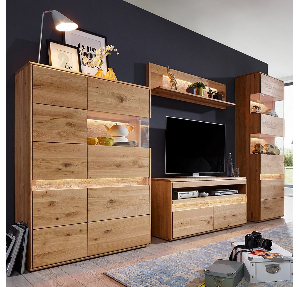Lomadox Wohnzimmer-Set WELLAND-69, (Mega-Spar-Set, 4-St., Highboard Lowboard Vitrine), in Eiche massiv geölt inkl. Beleuchtung, montiert von Lomadox