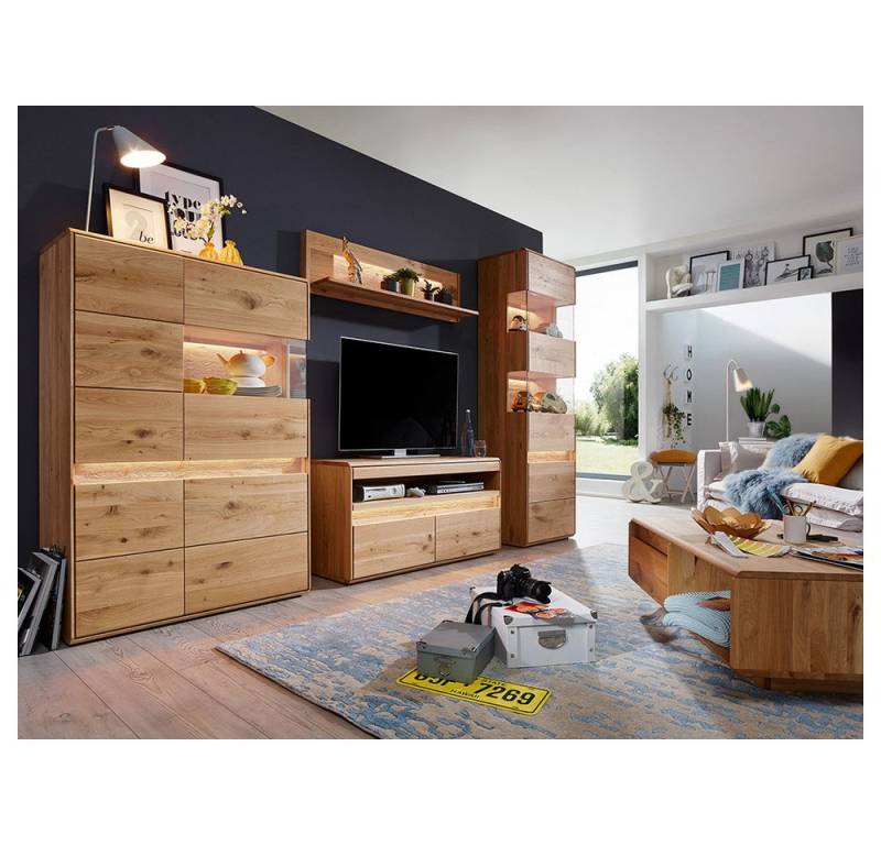 Lomadox Wohnzimmer-Set WELLAND-69, (Mega-Spar-Set, 5-St., Couchtisch Highboard Lowboard Vitrine), in Eiche massiv geölt inkl. Beleuchtung, montiert von Lomadox