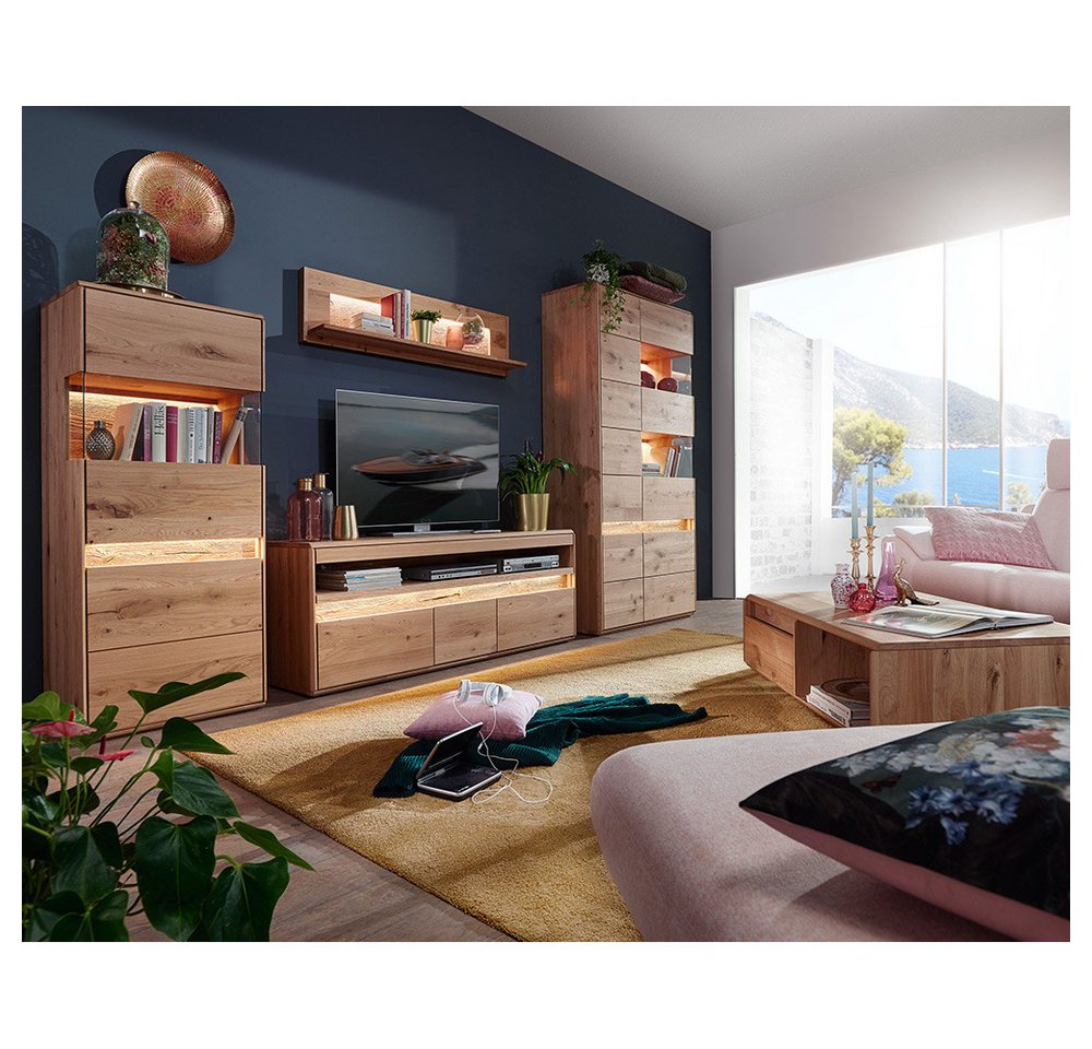 Lomadox Wohnzimmer-Set WELLAND-69, (Mega-Spar-Set, 5-St., Couchtisch Highboard Lowboard Vitrine), in Eiche massiv geölt inkl. Beleuchtung, montiert von Lomadox