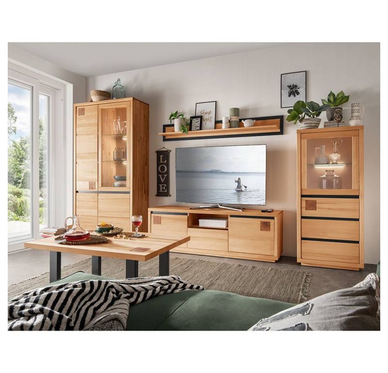 Lomadox Wohnzimmer-Set WINCHESTER-69, (Mega-Spar-Set, 5-St., Highboard Couchtisch Vitrine Wandboard Lowboard), Wohnzimmermöbel Hochkommode Tisch Buche massiv Hirnholz-Detail von Lomadox