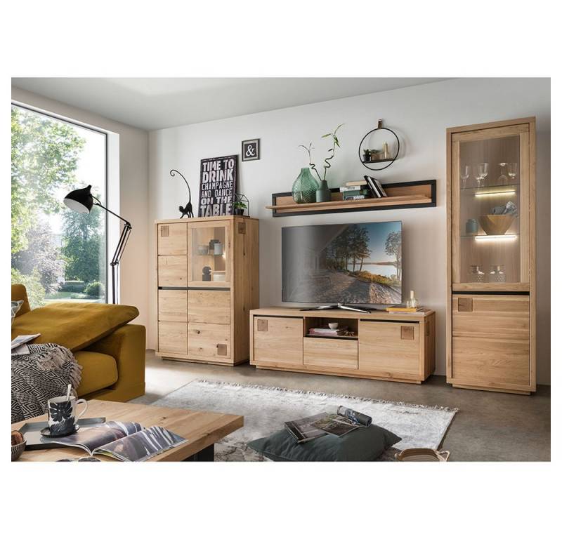 Lomadox Wohnzimmer-Set WINCHESTER-69, (Mega-Spar-Set, 5-St., Highboard Couchtisch Vitrine Wandboard Lowboard), Wohnzimmermöbel Hochkommode Tisch Eiche massiv Hirnholz-Detail von Lomadox