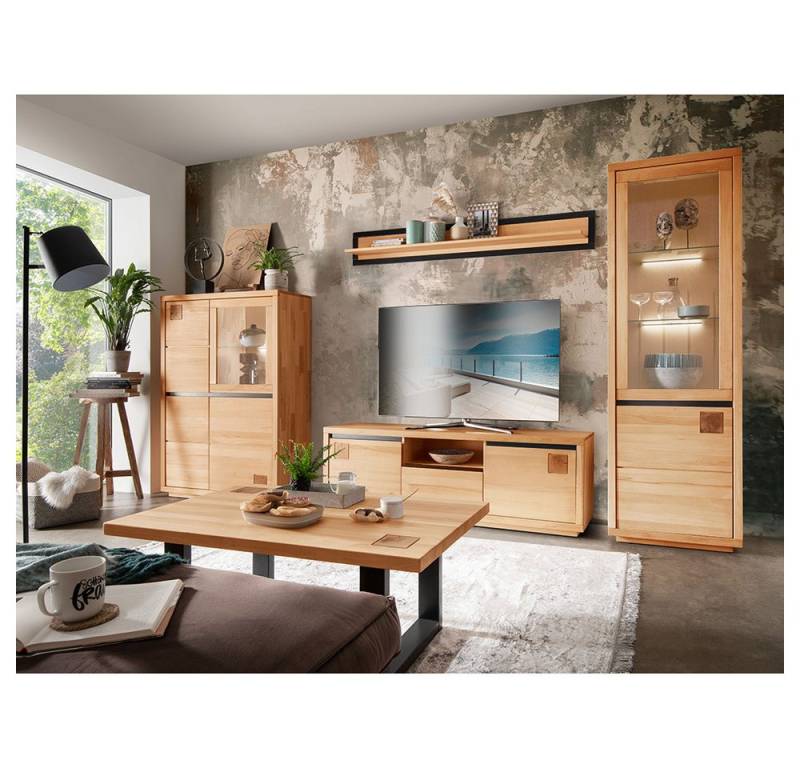 Lomadox Wohnzimmer-Set WINCHESTER-69, (Mega-Spar-Set, 5-St., Highboard Sideboard Vitrine Wandboard Lowboard), Wohnzimmermöbel Hochkommode Tisch Buche massiv Hirnholz-Detail von Lomadox