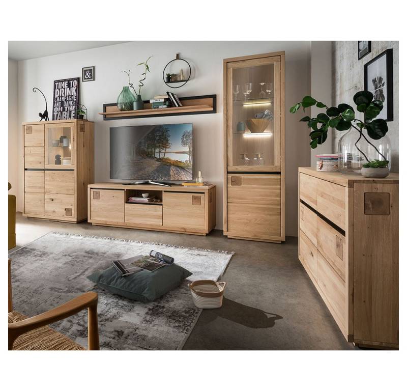 Lomadox Wohnzimmer-Set WINCHESTER-69, (Mega-Spar-Set, 5-St., Highboard Sideboard Vitrine Wandboard Lowboard), Wohnzimmermöbel Hochkommode Tisch Eiche massiv Hirnholz-Detail von Lomadox