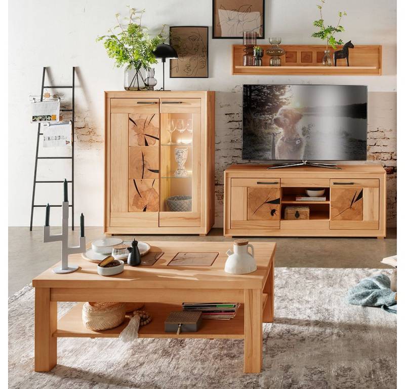 Lomadox Wohnzimmer-Set WINNIPEG-69, (Mega-Spar-Set, 4-St., Highboard Wandboard Lowboard Couchtisch), in Kernbuche massiv geölt mit Hirnholz-Detail von Lomadox