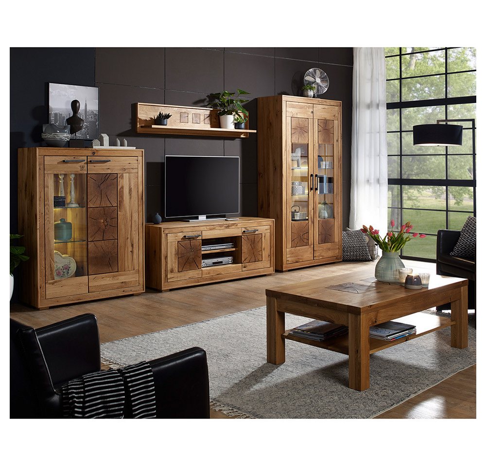 Lomadox Wohnzimmer-Set WINNIPEG-69, (Mega-Spar-Set, 5-St., Highboard Wandboard Lowboard Vitrine Couchtisch Beleuchtung), Wildeiche massiv geölt, inkl. Couchtisch von Lomadox