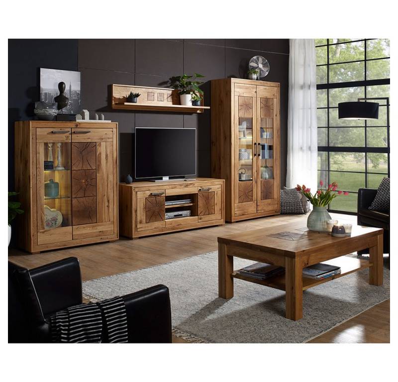 Lomadox Wohnzimmer-Set WINNIPEG-69, (Mega-Spar-Set, 5-St., Highboard Wandboard Lowboard Vitrine Couchtisch Beleuchtung), Wildeiche massiv geölt, inkl. Couchtisch von Lomadox