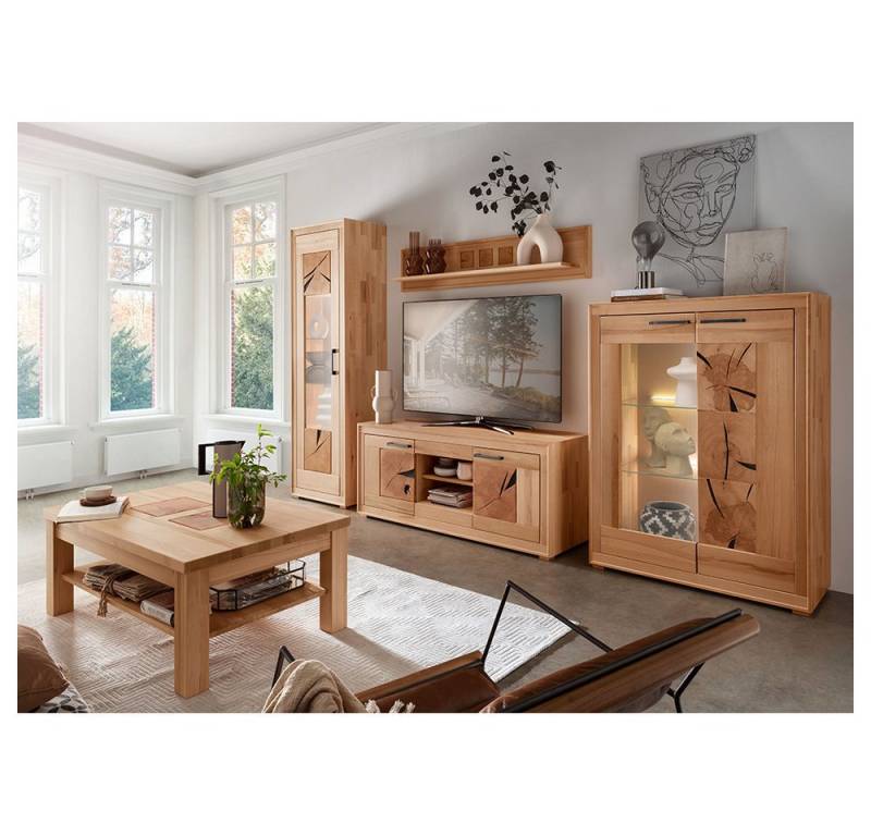 Lomadox Wohnzimmer-Set WINNIPEG-69, (Mega-Spar-Set, 5-St., Vitrine Wandboard Lowboard Highboard Couchtisch), in Kernbuche massiv geölt mit Hirnholz-Details von Lomadox
