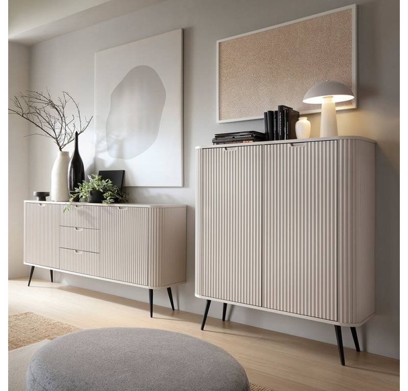 Lomadox Wohnzimmer-Set ZARA-160, (Mega-Spar-Set, 2-St., Konsolentisch Sideboard), in Kaschmir beige gerillt Rillen Metallfüße schwarz Wohnzimmerschränke von Lomadox