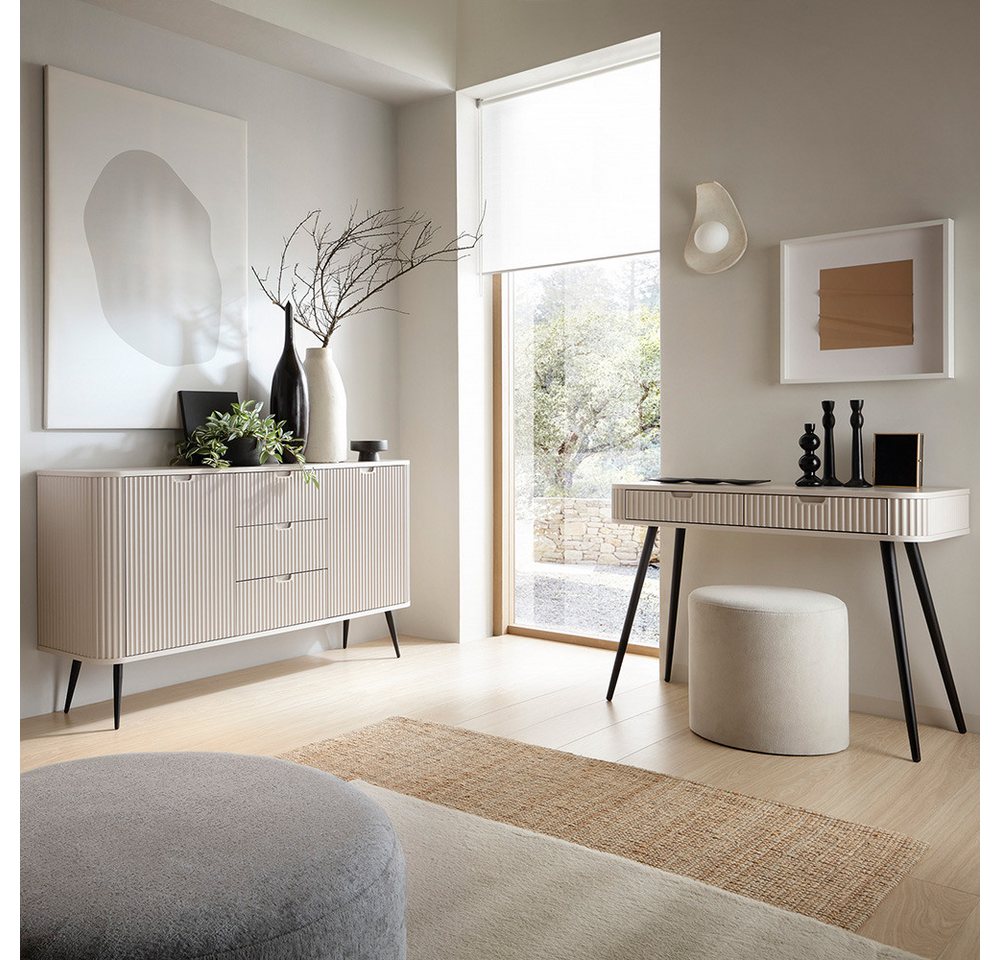 Lomadox Wohnzimmer-Set ZARA-160, (Mega-Spar-Set, 2-St., Konsolentisch Sideboard), in Kaschmir beige gerillt Rillen Metallfüße schwarz Wohnzimmerschränke von Lomadox