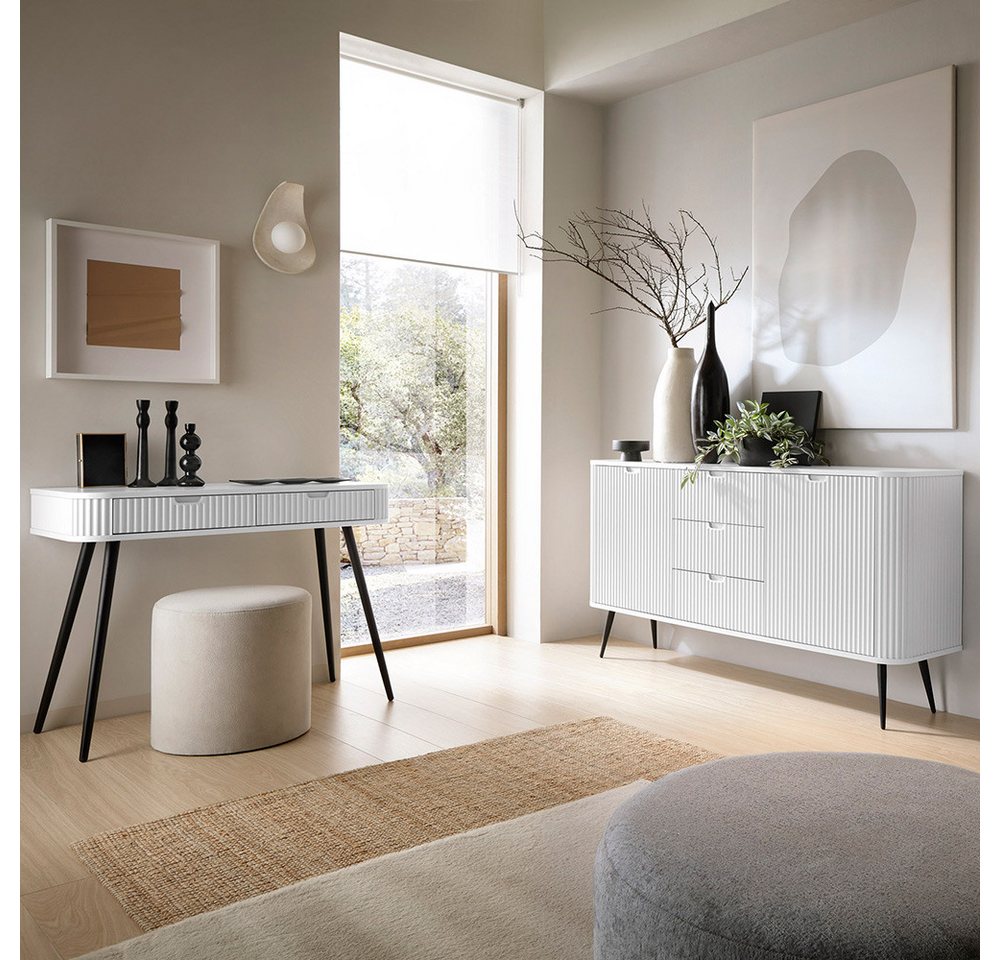 Lomadox Wohnzimmer-Set ZARA-160, (Mega-Spar-Set, 2-St., Konsolentisch Sideboard), in weiß gerillt mit Rillen Metallfüße schwarz Wohnzimmerschränke von Lomadox