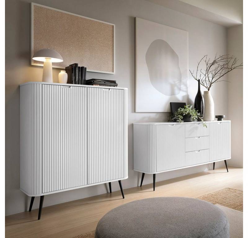 Lomadox Wohnzimmer-Set ZARA-160, (Mega-Spar-Set, 2-St., Konsolentisch Sideboard), in weiß gerillt mit Rillen Metallfüße schwarz Wohnzimmerschränke von Lomadox