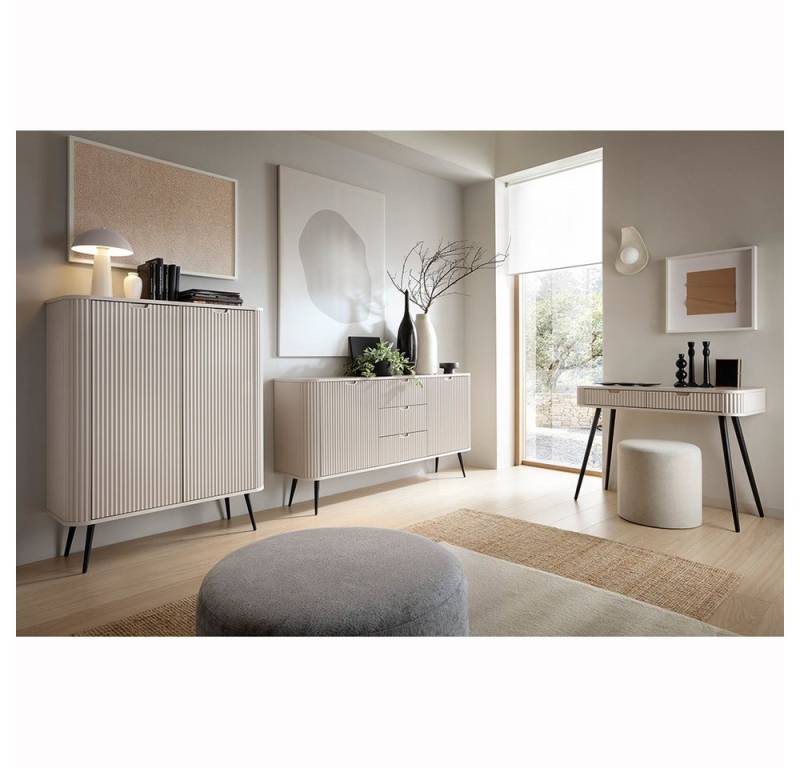 Lomadox Wohnzimmer-Set ZARA-160, (Mega-Spar-Set, 3-St., Konsolentisch Sideboard Highboard), in Kaschmir beige gerillt Rillen Metallfüße schwarz Wohnzimmerschränke von Lomadox