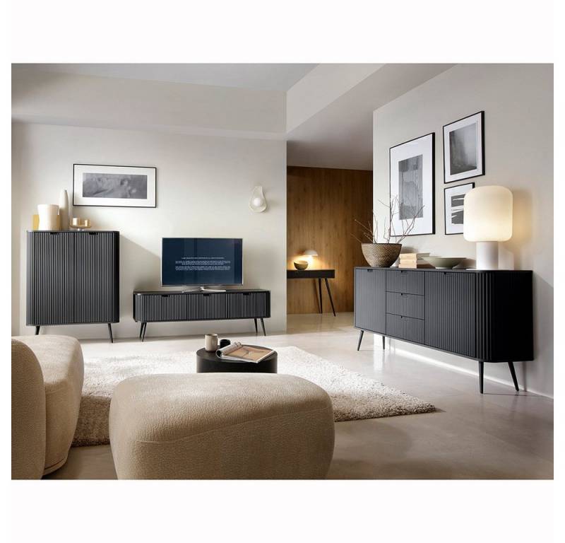 Lomadox Wohnzimmer-Set ZARA-160, (Mega-Spar-Set, 4-St., Sideboard Lowboard Konsolentisch Highboard), in schwarz gerillt mit Rillen Metallfüße Wohnzimmerschränke von Lomadox