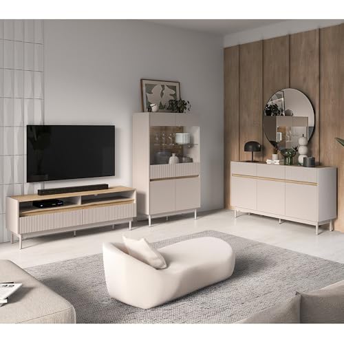 Lomadox Wohnzimmer-Set in Kaschmir matt mit Eiche 154 cm Lowboard, Sideboard, Highboard inkl. LED Beleuchtung, 3-teilig von Lomadox