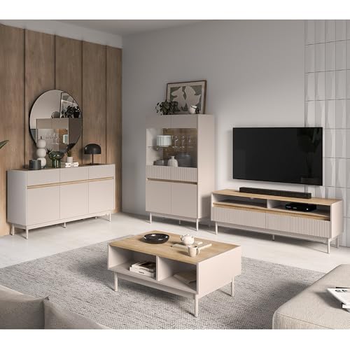 Lomadox Wohnzimmer-Set in Kaschmir matt mit Eiche Rillenoptik mit 154 cm Lowboard, Sideboard, Couchtisch, Highboard inkl. LED Beleuchtung, 4-teilig von Lomadox