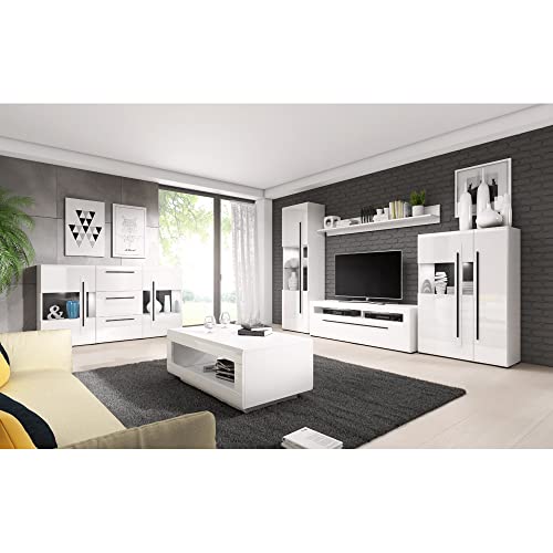 Lomadox Wohnzimmer Set inkl. Wohnwand Sideboard Couchtisch und Beleuchtung in Hochglanz weiß mit Absetzungen in schwarz von Lomadox