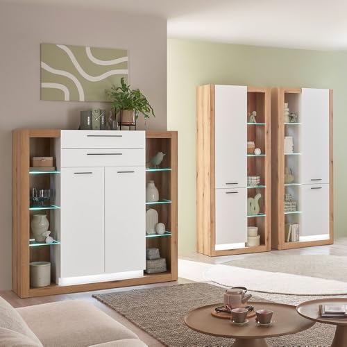 Lomadox Wohnzimmer-Set mit 2 Vitrinenschränken & Highboard in Eiche mit weiß, inkl. LED Beleuchtung, modern Wohnmöbelset 3 teilig von Lomadox