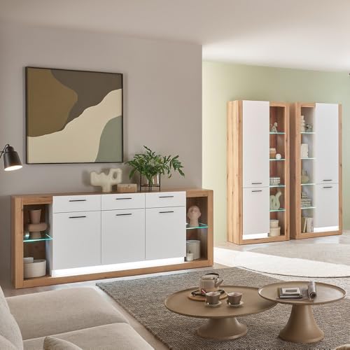 Lomadox Wohnzimmer-Set mit 2 Vitrinenschränken & Sideboard in Eiche mit weiß, inkl LED Beleuchtung, modern, Wohnzimmermöbel 3-teilig von Lomadox