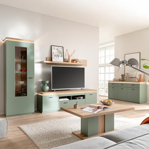 Lomadox Wohnzimmer-Set mit Fernsehschrank & Vitrine mit LED-Akzentbeleuchtung, Grün mit Eiche, modern, 5-teilig - Lomadox Wohnzimmer-Set mit Fernsehschrank & Vitrine mit LED-Akzentbeleuchtung, Grün mit Eiche, modern, 5-teilig - von Lomadox