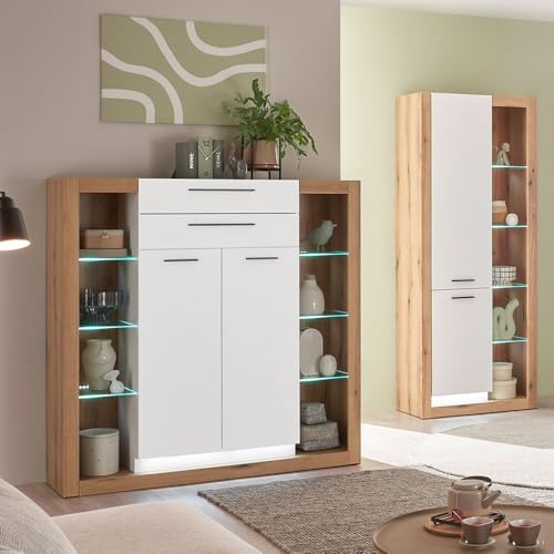 Lomadox Wohnzimmer-Set mit Highboard & Vitrinenschrank in Eiche mit weiß, inkl. LED Beleuchtung, modern, Wohnzimmermöbel 2 teilig Lomadox Wohnzimmer-Set mit Highboard & Vitrinenschrank in Eiche mit weiß, inkl. LED Beleuchtung, modern, Wohnzimmermöbel 2 teilig von Lomadox