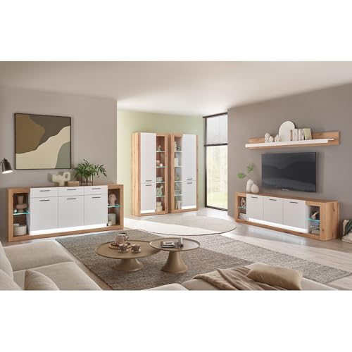Lomadox Wohnzimmer-Set mit Sideboard & Vitrinenschränken in Eiche mit weiß, inkl. LED Beleuchtung, modern, Wohnmöbelset 5 teilig von Lomadox