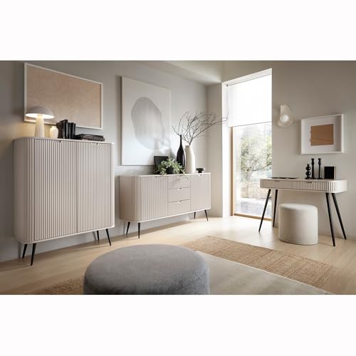 Lomadox Wohnzimmer Set modern Kaschmir Cashmere beige mit Rillen gerillt Sideboard Highboard Konsolentisch Füße Metall in schwarz von Lomadox